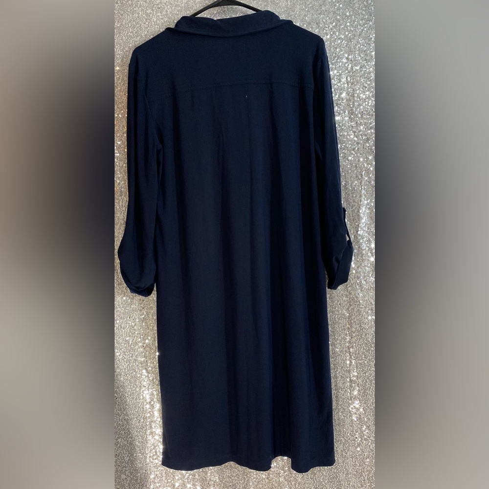 Soho apparel, LTD, medium navy blue dress with gold tone, buttons, 4/3 sleeves - Picture 3 of 5